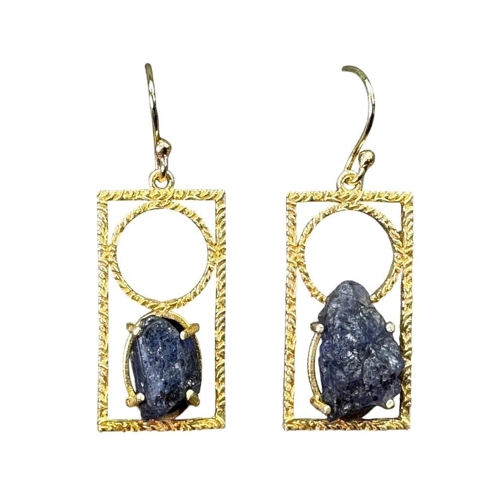 Vintage Brutalist Raw Purple Mica Natural Stone and Brass Hook Earrings